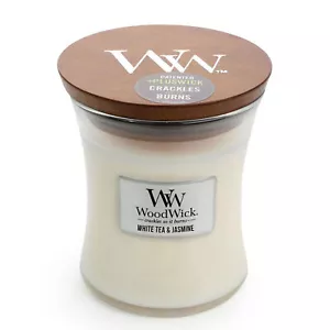 Woodwick Medium 12cm Soy Wax Scented Candle - White Tea & Jasmine - Foto 1 di 3
