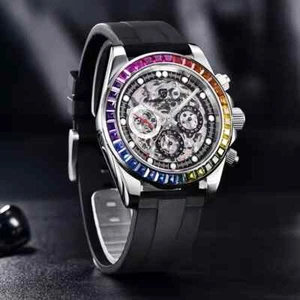 PAGANI DESIGN Automatic Mens Watch Skeleton Dial Rainbow Bezel Luxury Mens Watch - Picture 1 of 6