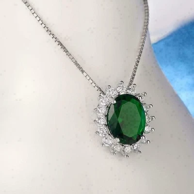 2CT овальный зеленый изумруд Halo Lab создал подвеска ожерелье 14K белое золото покрытием - Изображение 1 из 4