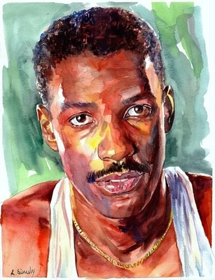 Retrato joven Denzel Washington - Pintura acuarela original Foto 1 de 3