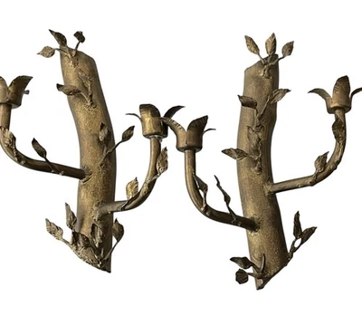 Par de apliques portavelas de pared de bosque místico mágico dorado bronce macizo vintage Foto 1 de 4