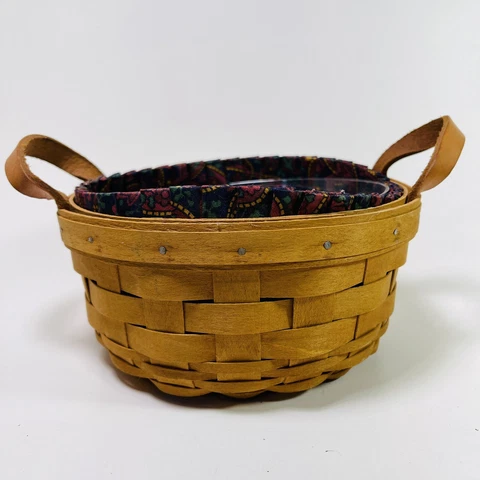 Longaberger Basket 1995 Paisley purple round leather handles plastic liner Cover