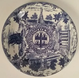 Plymouth Massachusetts Blue & White Souvenir Saucer Adams England Mayflower Rock - Picture 1 of 2
