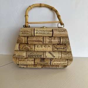 Unique small wine cork bamboo purse 7 inches widest point top of the handle 11 i - Picture 1 of 8