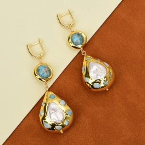 Cultured White Pearl Teardrop Shape Blue Larimar Pave Blue Murano Glass Earrings - Picture 1 of 9
