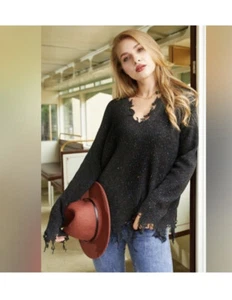NWT Distressed Boutique CHIC BoHo Knit V Neck Black Frayed Edge Sweater Large - Picture 1 of 1