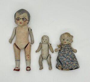 Lot Of 3 Antique Wire Joint Bisque Dolls