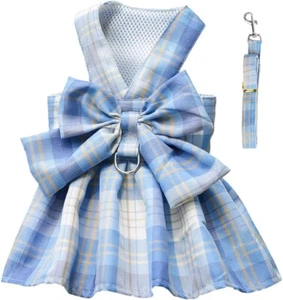 Plaid Dog Dress Bow Tie Harness Leash Set, Dog Harness Dress for Small Cute Dog - Picture 1 of 7
