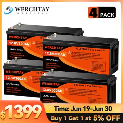 WERCHTAY 48V 300AH LiFePO4 Lithium Battery (4 Pack 12V 300AH) 15000+Deep Cycles Boat RV