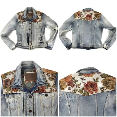 River Island Blue Denim Jacket Floral Tapestry Jacket Jean Jacket Sz US 6 UK 10 - Image 1 of 4