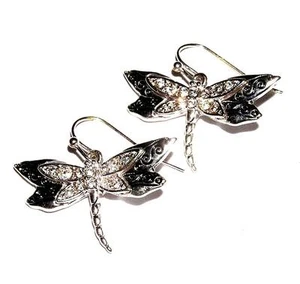 EARRINGS Wires Antiqued ST W/ Rhinestone Accents DRAGONFLIES - Picture 1 of 1