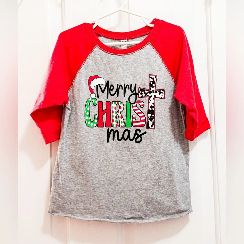 Red and Gray Merry Christmas Kids Shirt Size 4 - Image 1 of 1
