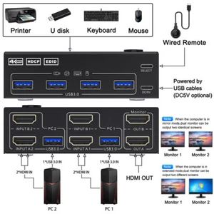 HDMI 8K@30hz KVM 2 en 2 sorties double moniteur contrôle 2 moniteurs d'ordinateur - Photo 1/8