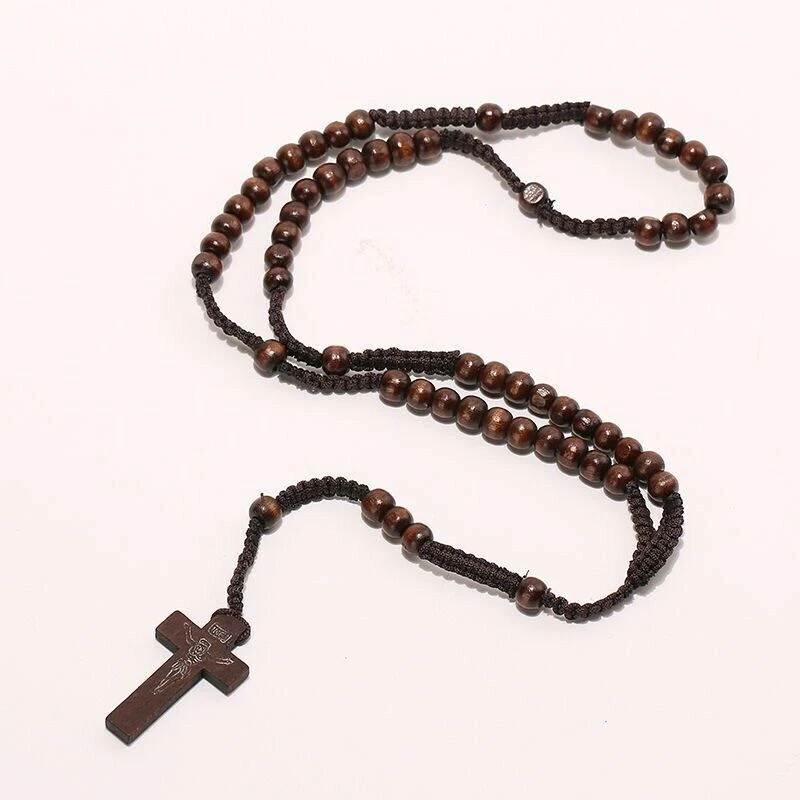 Collana Rosario in legno Uomo Donna Croce cattolico cristo religioso perline 8mm - Immagine 1 di 1