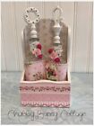 Shabby romantic cottage chic Pink rose bottle vignette