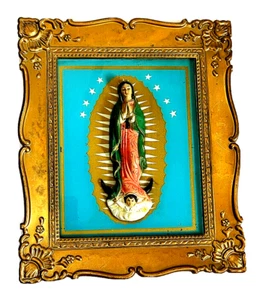 Our Lady of Guadalupe Virgen 3D Figurine Over Glass Base Golden Frame VTG 1940s - Picture 1 of 10