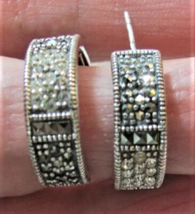 VTG Sterling 925 Marcasite Rhinestone Half Hoop Post Earrings Thailand 3/4" Long - Picture 1 of 6