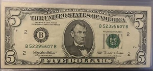 1995 5 Dollar Bill Federal Reserve Note District New York “B” - Picture 1 of 2