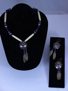 Juego de collar y pendientes nativos de plata esterlina con hueso y cuentas Chevron- 13041 - Imagen 1 de 8