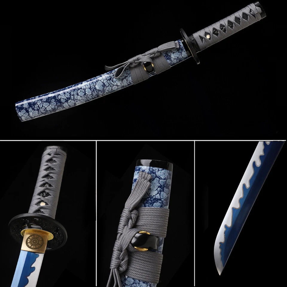 SWORDMAKER 20'' Tanto 9260 Spring Steel Blue Blade Japanese Samurai Short Sword Mini Katana