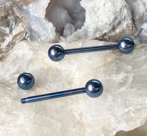 PAIR Blue Titanium Nipple Barbells Tongue Rings 14g - choose your length - Picture 1 of 3