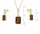 9ct Yellow Gold Diamond and Smoky Quartz Stud Earrings and Pendant on Curb Chain