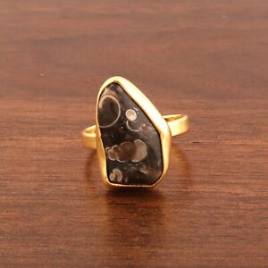 Natural Black Turtella Jasper Yellow Gold Plated Adjustable Ring For Women's  