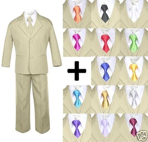 6pc Boy Kid Teen Formal Wedding Khaki Stone Suit Tuxedo Extra Satin Necktie 5-20 - Picture 1 of 74