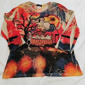 SML Sport Halloween Blouse Shirt Haunted House Metallic Sparkle Size Large - Picture 1 of 10