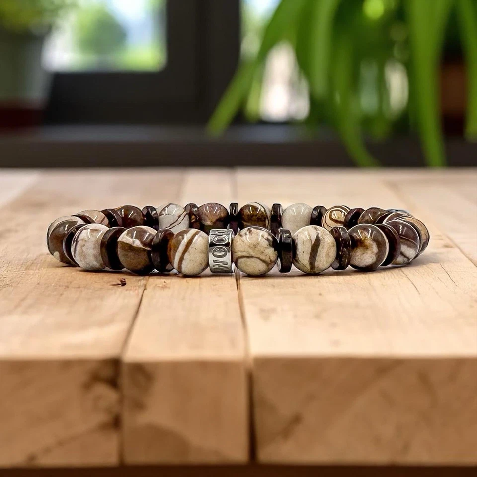Pulseira masculina de contas de pedra preciosa e madeira - Código Kenobi - Joias elásticas feitas à mão - Imagem 1 de 4