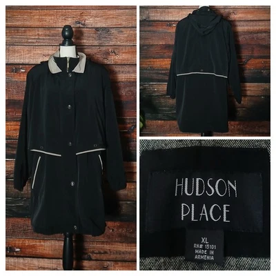 Abrigo Parka Hudson Place Vintage XL Negro Con Capucha Cremallera Botón Forrado Frontal Foto 1 de 4