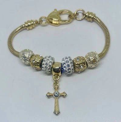 Luxuoso Berloque Cruz Banhado a Ouro Amarelo Pulseira Contas de Strass Jesus Glam 7” - Imagem 1 de 4