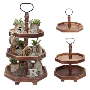 Tiered Tray Stand Wood Tier Serving Tray, Three Decorative Trays, Wooden Cupc... - Picture 1 of 7