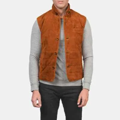 Mens Brown Vintage Suede Leather Jacket Slim Fit Bomber Puffer Jacket Custom XL - Image 1 of 4