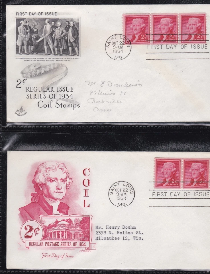 USA 1954 2 FIRST DAY COVERS 2c JEFFERSON COIL + CACHETS - Image 1 of 1
