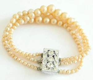 Vintage Triple Strand Graduated Faux Pearl Bracelet Rhinestone Clasp - Picture 1 of 5