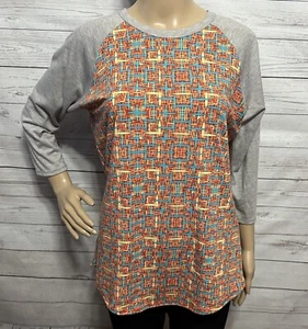 LuLaRoe Randy Raglan Shirt Medium Orange Yellow Teal Thatch Pattern Gray Sleeves - Bild 1 von 13