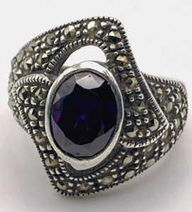 Marsala Sterling Silver Art Deco Garnet Ring with Marcasite Size 6 - Picture 1 of 9