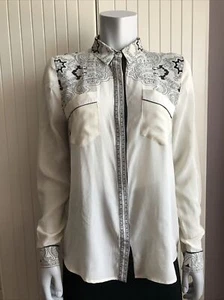 WAREHOUSE SILK Western Black Cream Print Button up Blouse Size UK 10 (Like 6-8) - Picture 1 of 19