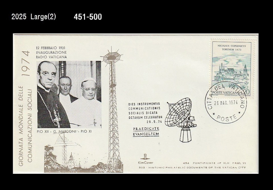 Antenna,Radio,,Pope Pio XI,Vatican City 1974 FDC,Cover,Communication - Image 1 of 1
