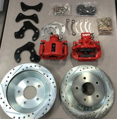 Ford 9" Rear Disc Brake Kit 12" Drilled and Slotted Rotors Red Calipers E Brake - Image 1 of 4