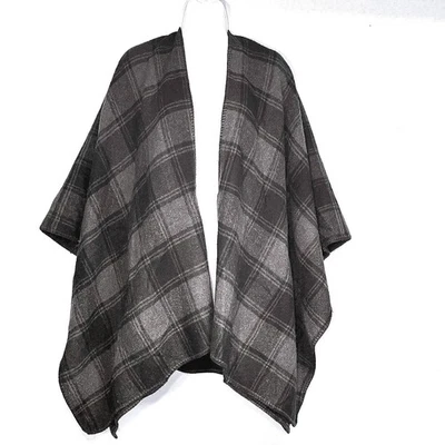 Wool Blnd Plaid Blanket Shawl Wrap Cape Size Small Poncho Heavy Black Gray Ruana - Image 1 of 4