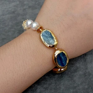 15x30mm Cultured White Keshi Pearl 17x23mm Natural Blue Kyanite Bracelet - Picture 1 of 6