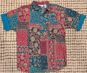 Vintage Gitano Shirt Men S M Patchwork Floral Short Sleeve Button Up 90s 80s - Picture 1 of 6