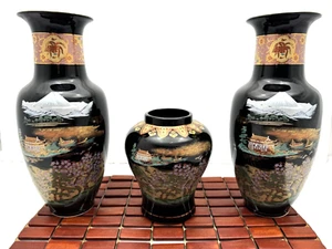 Vintage Mt Fuji Black Ceramic Vases Urn Cherry Blossoms and Pagoda Japan 90's - Picture 1 of 12