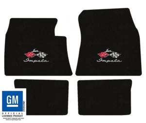 1959-1960 Chevy Impala- Black Classic Loop Carpet 4pc Floor Mat Set - Flags Logo - Picture 1 of 11