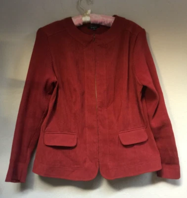 Elementz Womens Zip Up Faux Suede Jacket Large Rib Knit Sleeves Red Lightweight - Image 1 of 4