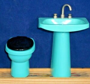 Vintage Miniature Dollhouse Bathroom Sink and Stool, Retro Color, Plastic-German