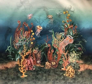 Sea World Fabric Tropical Fishes Jellyfish Corals Printed Panel L130cm - Picture 1 of 5
