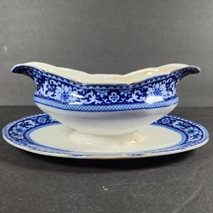 Vintage W H Grindley Glenmore Flow Blue Porcelain Gravy Sauce Boat Dish England - Picture 1 of 14